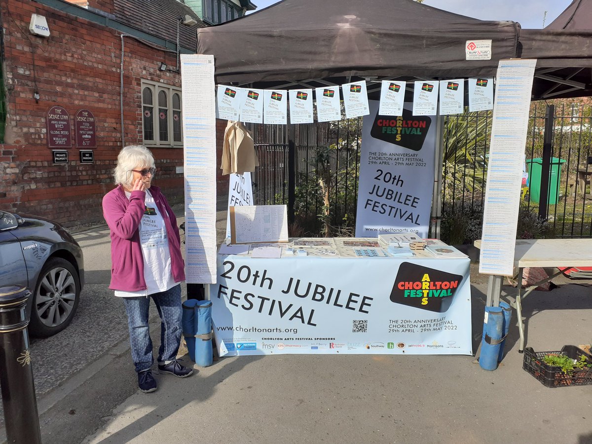 Come and see the @chorltonarts stall at #ChorltonMakersMarket today. Preview of our Jubilee programme  throughout  May.
Volunteers welcome  too.
#CAF2022