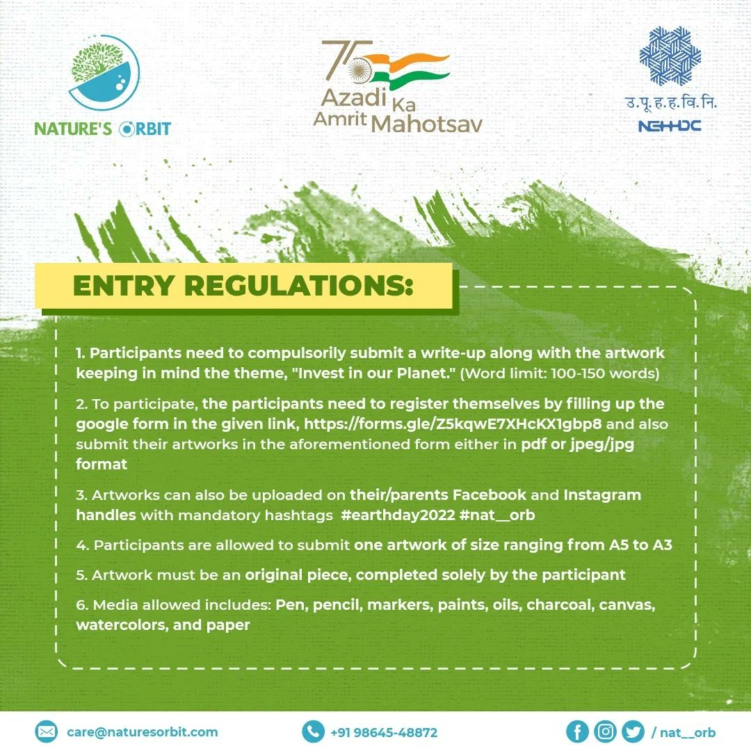||ANNOUNCEMENT- ART FOR A CAUSE|| This Earth's Day, Nature's Orbit has come up with, ' Art for a Cause', an online art competition for students of Class 6 to 12 with a theme- ' Invest in our Planet' in collaboration with #NEHHDC Registration link : forms.gle/Z5kqwE7XHcKX1g…