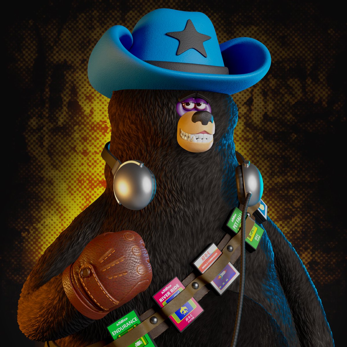 Minmin28180's tweet photo. @squarebearsnft Favourite @squarebearsnft traits are the 
Game bear ammo belt. That is so cool with the Activision cartridges.
Onyx Bullish horns.
This Amazing combo of Beary Freakish eyes and black Fish Scales.
And.. The Revenant Mouth…
#SB4L #SquareBears #Retroverse https://t.co/zHbmDV3hfy
