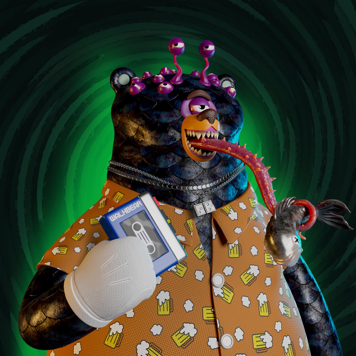 Minmin28180's tweet photo. @squarebearsnft Favourite @squarebearsnft traits are the 
Game bear ammo belt. That is so cool with the Activision cartridges.
Onyx Bullish horns.
This Amazing combo of Beary Freakish eyes and black Fish Scales.
And.. The Revenant Mouth…
#SB4L #SquareBears #Retroverse https://t.co/zHbmDV3hfy