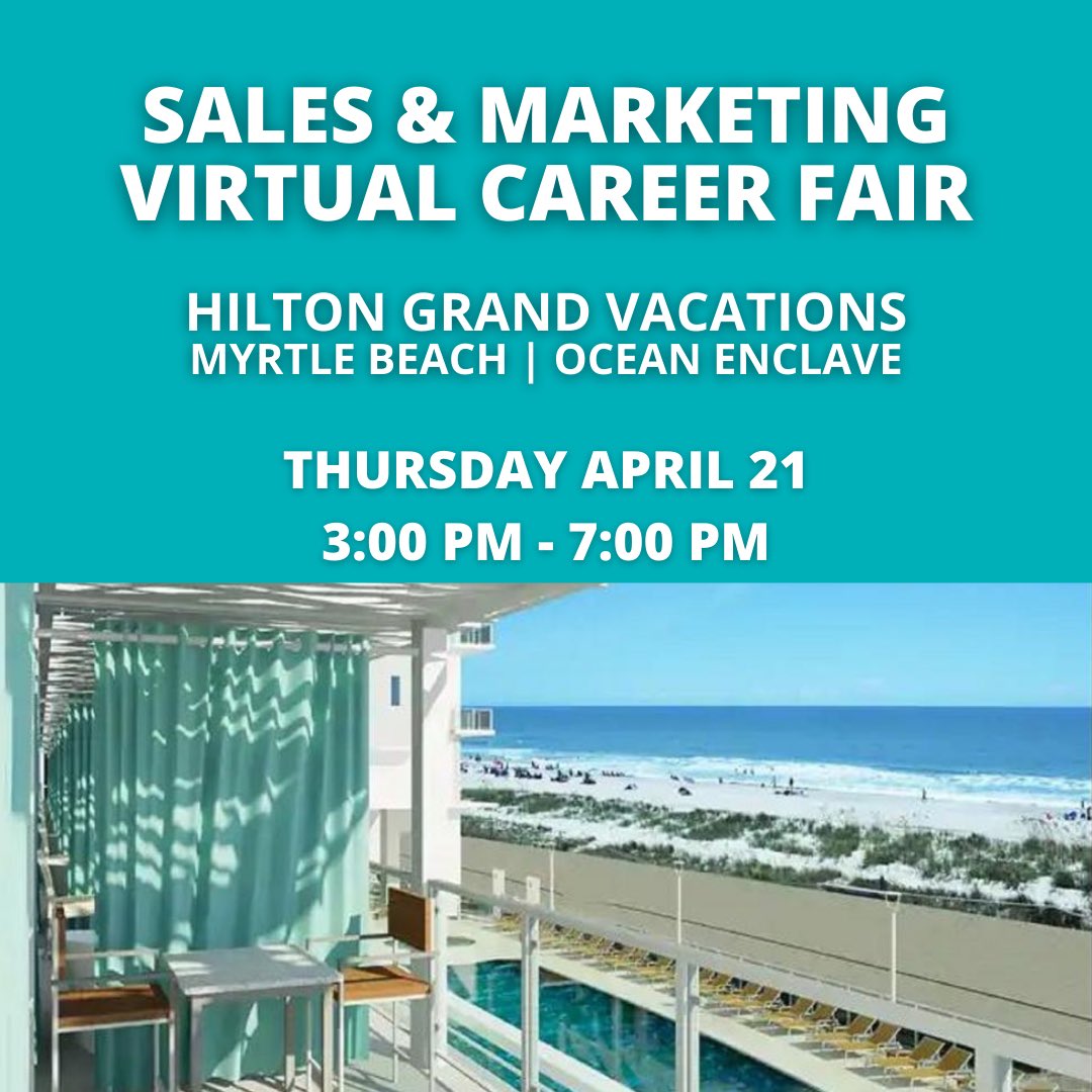 HGV Myrtle Beach will be hosting a virtual career fair for Sales and Marketing positions!  Schedule your time today in the link below. 

You don’t want to miss the opportunity to join this team! Phenomenal leaders, culture, and product. Sign up today!

lnkd.in/dGWeUJrE