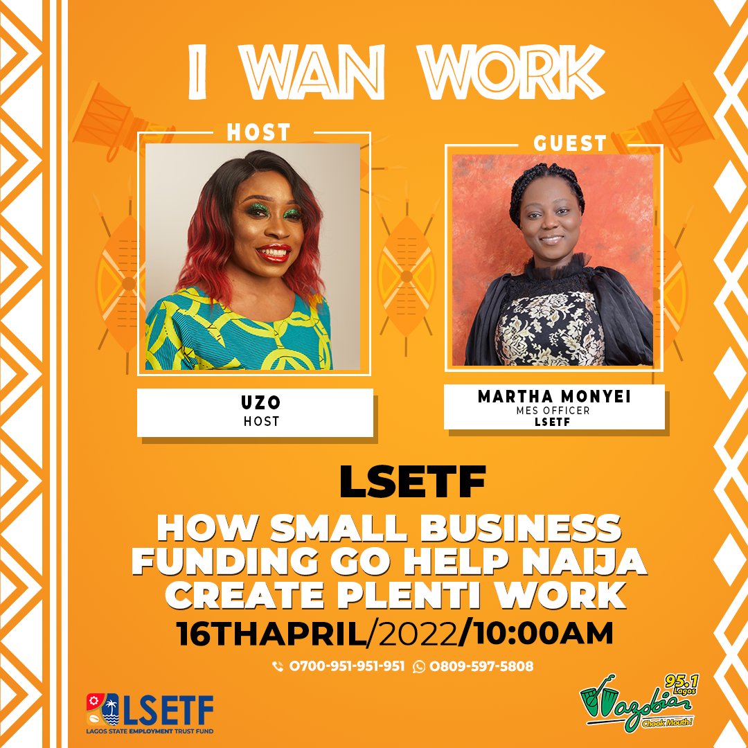 Wazobia_FM's tweet photo. How small business Funding go fit help naija Create plenti work?
This na wetin @uzomaticuzo and @lsetf Sabi person Martha Monyei, wey be MES Officer for LSETF go dey tok about.
Ontop #Satidejoli; #Iwanwork by 10am, 16th April 2022
#chookmouth
☎️ 0700951951951
✉️ 08095975808 https://t.co/3owDdc5HPJ