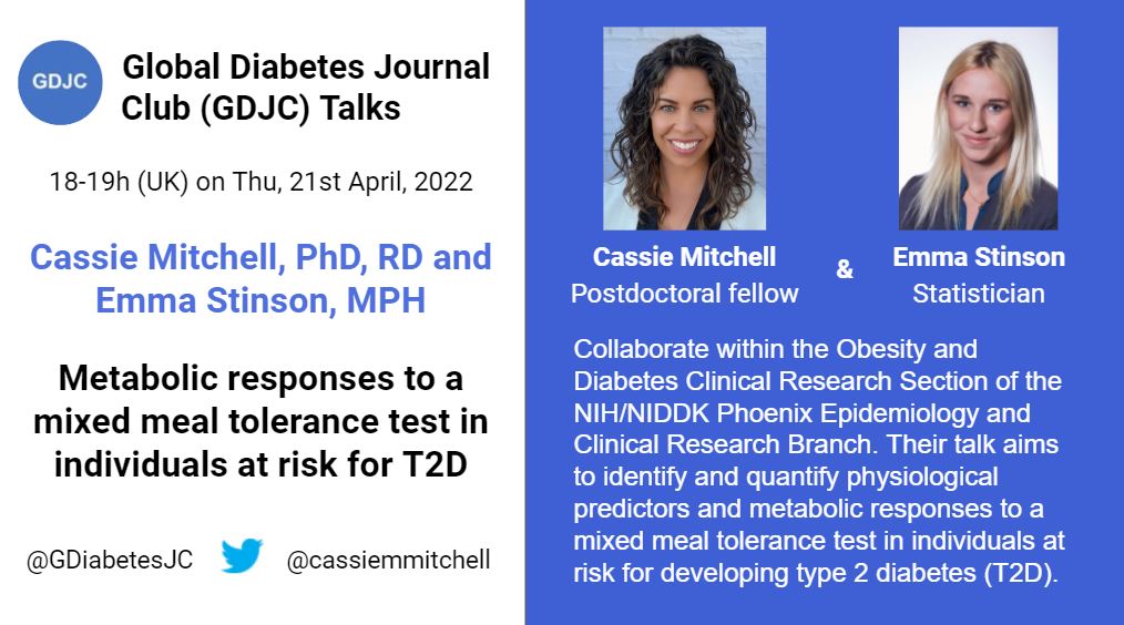 GDiabetesJC's tweet photo. Next #GDJC talk: @cassiemmitchell and Emma Stinson will jointly discuss their research on identifying and quantifying physiological predictors and metabolic responses to a mixed meal tolerance test in individuals with type 2 diabetes.

Register here: https://t.co/bLswh0ydwV https://t.co/gFnL7svwie