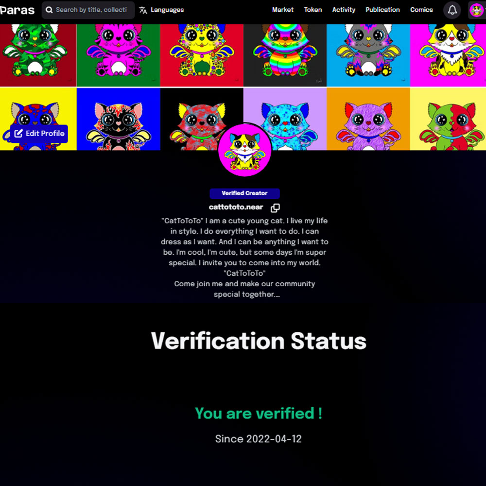 CatToToTo_KruJ's tweet photo. My verification.🥰
Thank you team for your verification.
And congrats to all creators.
Paras  https://t.co/a50xkkdyOT
Instagram https://t.co/6ymgwJBojt
#CatToToTo #paras #NFTMarketplace #NFTCommunity #NFTTHAILAND https://t.co/IGYy812IhQ