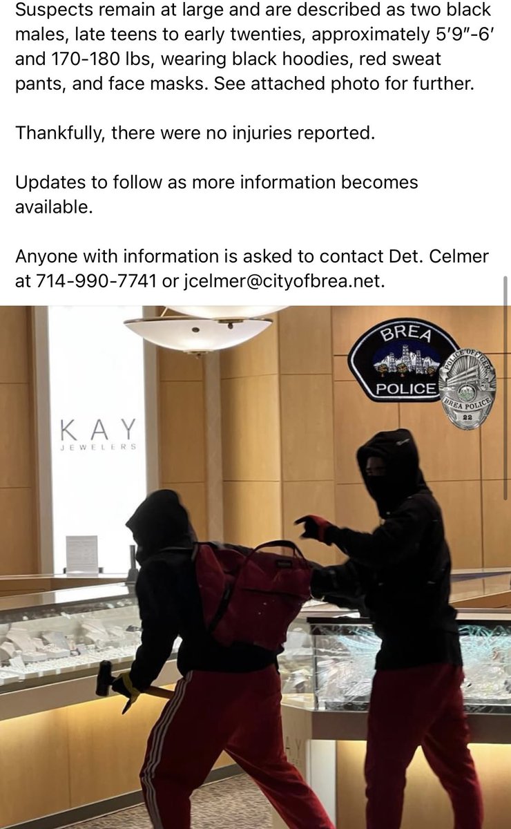 Djtemptationz's tweet photo. UPDATE TO KAY JEWELERS INCIDENT (4/15/22, 9:25pm)
Suspects remain at large and are described as two black males, late teens to early twenties, approximately 5โ9โ-6โ and 170-180 lbs, wearing black hoodies, red sweat pants, and face masks. #breamall #breapolice https://t.co/xPPjJtGBes