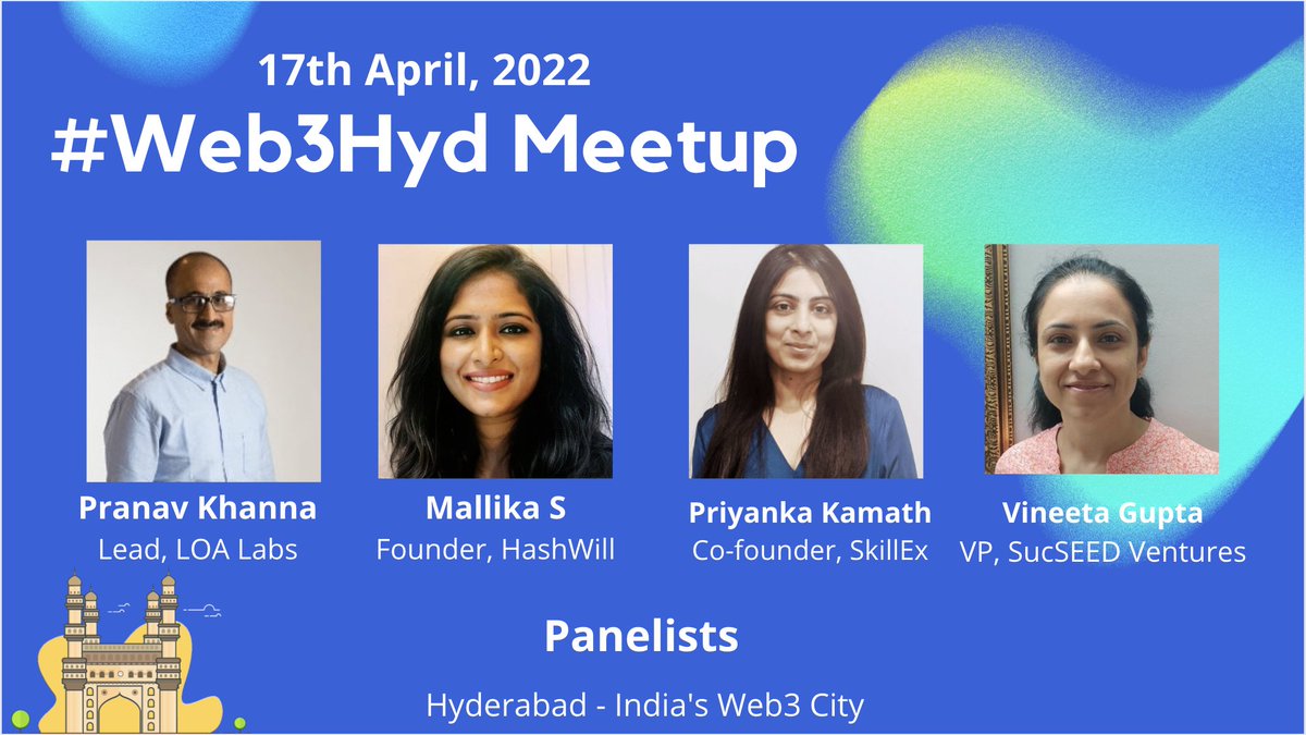 web3hyd's tweet photo. We look forward to hosting an esteemed discussion panel at the upcoming #Web3Hyd meetup.

- @VineetaWG from @SucSEED_IN
- @Nakzense from @skillinator_exp
- @MallikaaPushu from HashWill
- @checkfit from @loa_labs

RT to spread the word. Follow for updates. https://t.co/jwSailWTlB
