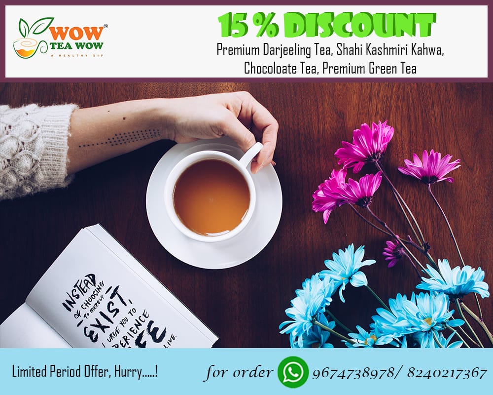 WowTeaWow's tweet photo. -:1st Anniversary Bumper Offer:-🙂💥🎉

15% Discount on 

1. Premium Darjeeling Tea 
2. Shahi Kashmiri Kahwa 
3. Chocolate Tea 
4. Premium Green Tea

Offer valid for 13th April to 20th April...

Limited Period Offer...

DM us for order or Whatsapp us at:-
8240217367/9674738978 https://t.co/YyIG2vD8hv