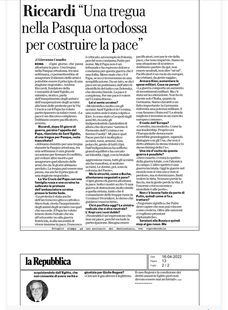 Marco_europa's tweet photo. Andrea #Riccardi su @repubblica “oggi le guerre nel mondo non si vincono e non si perdono, ma si eternizzano. Basti vedere la Siria. Nessuno perde la faccia, ma la gente perde la vita”. #ucraina #pace https://t.co/zFyEbv6Ivi