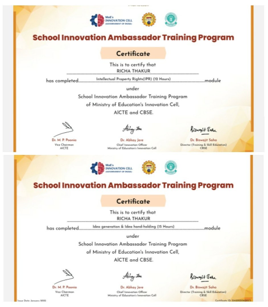 Glad to be nominated by <a href="/DLFPS1996/">DLF Public School- A Thinking School with a Soul!</a> for School Innovation Ambassador Training Programme(SIATP) by <a href="/Cbse_official/">CBSE HQ</a> and <a href="/AICTE_INDIA/">AICTE</a> <a href="/mhrd_innovation/">MOE's Innovation Cell- GOI</a> ..Finally completed all the 5 modules..
<a href="/DLFPS1996/">DLF Public School- A Thinking School with a Soul!</a> <a href="/Mrignaini3/">Mrignaini</a>