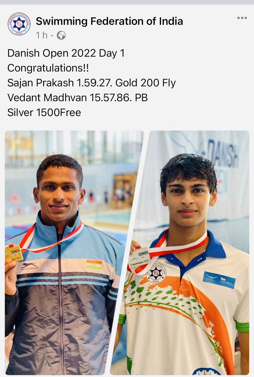 With all your blessings & Gods grace🙏🙏 @swim_sajan and @VedaantMadhavan won gold and silver respectively  for India, at The Danish open in Copenhagen. Thank you sooo much Coach Pradeep sir, SFI and ANSA.We are so Proud 🇮🇳🇮🇳🇮🇳🙏🙏