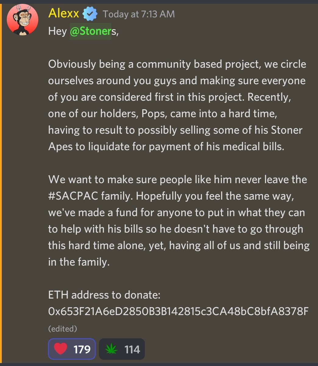 <a href="/TheStonerApes/">Stoner Ape Club</a> Founders always said, (Holder comes first/Anything for Holder) they're too stoned to fk around.

@cryptoACS Keep your chin up King your Crown's dropping. 😉 

#sacpac rooting for you 💨

To anyone willing to help.
⬇️ 0x653F21A6eD2850B3B142815c3CA48bC8bfA8378F