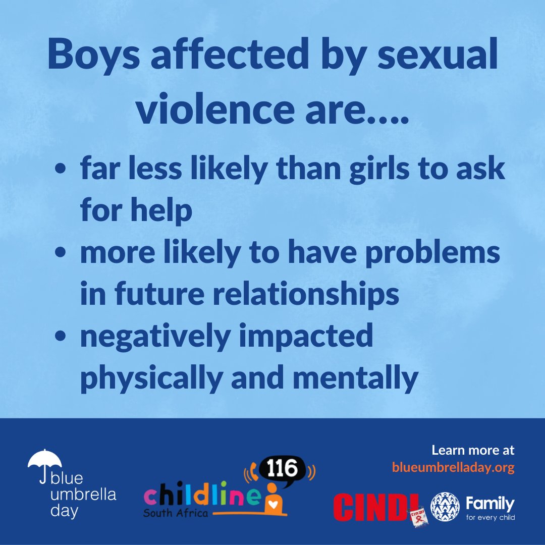 cindi_network's tweet photo. Today is Blue Umbrella Day raising awareness of how to care for boys and protect them from sexual violence. 1 in 3 children in South Africa are affected by sexual abuse. Join us this week in raising awareness about this important issue. https://t.co/otmQMqImZY