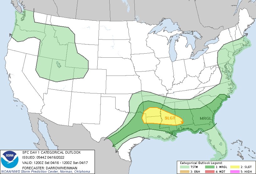NWSSPC's tweet photo. 12:46am CDT #SPC Day1 Outlook Slight Risk: from the Arklatex into the lower Mississippi Valley https://t.co/GtEvHQ3UxE https://t.co/PCnkR4fazP