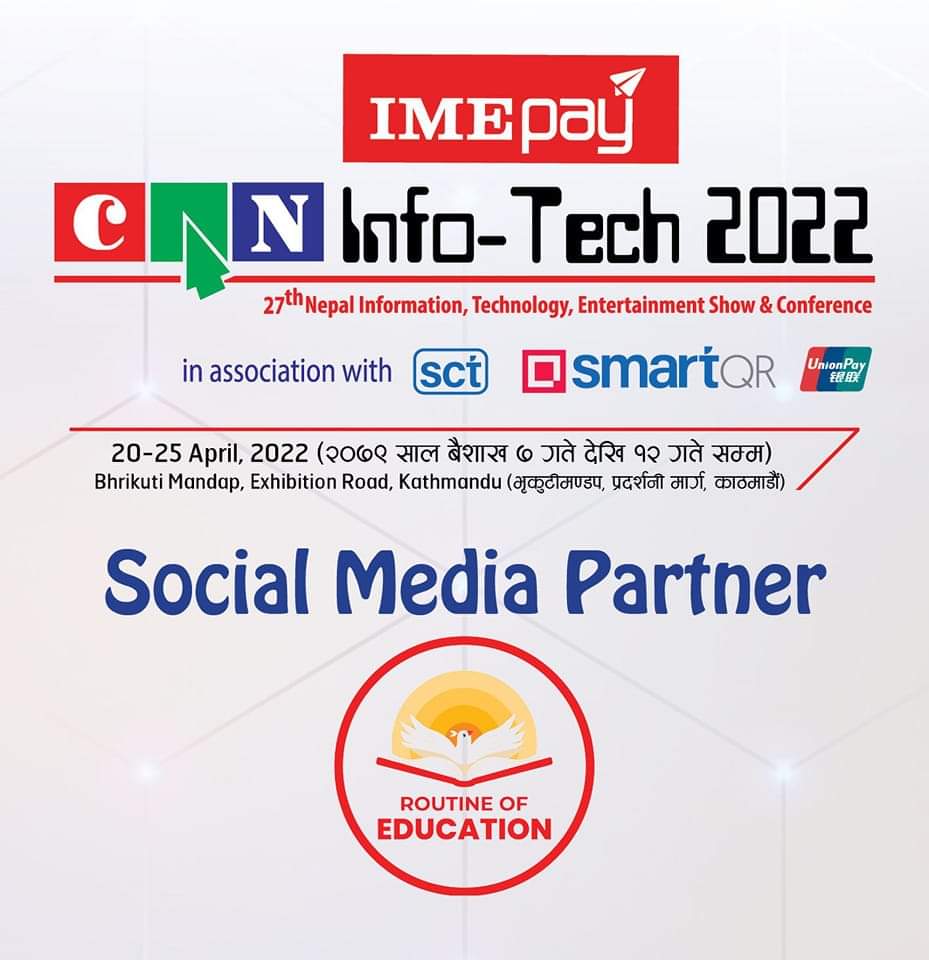 ROEUpdates's tweet photo. Social Media Partner: हामी Routine Of Education (ROE) त जाँदै छौ, CAN Info-Tech 2022 मा अनी हजुर नी?
नेपालकै सबभन्दा ठूलो TECH मेला सुरु हुँदै छ यही बैशाख ७ गते देखी १२ गते सम्म। हेर्ने हैन त १ रुपियाँमा TECH मेला ?
#CANfederation #CANInfoTech
#CANInfoTech2022 #InfoTech2022 https://t.co/lsoThd2Z94