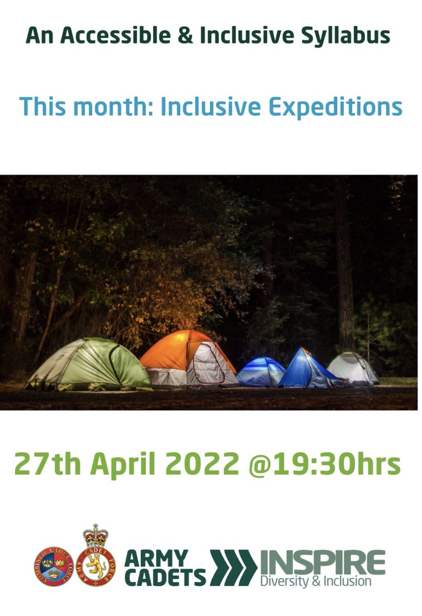 AC_INCLUSION's tweet photo. Expedition season is here!! Can you open up successful expedition experiences to all of your CFAVs and cadets? Join us and learn to make the journey accessible, the camping enjoyable and the life skills achievable. Let us share how to navigate through the barriers! https://t.co/m53eIyLlX0