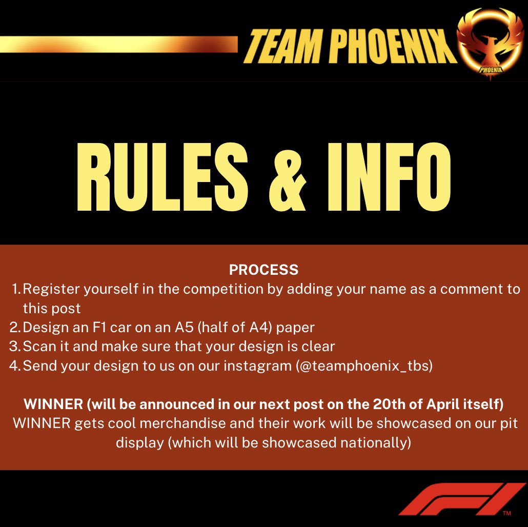 teamphoenix_tbs's tweet photo. Team Phoenix is hosting a COMPETITION!!

#f1inschoolsindia #f1 #f1inschools #womensempowerment #girlsempowerment #stem #stemclubindia #steam #motorsport #fiawim #sports #timesofsports #winning #winningmindset #winner #competition #design #car https://t.co/QPWXeTjN8Z