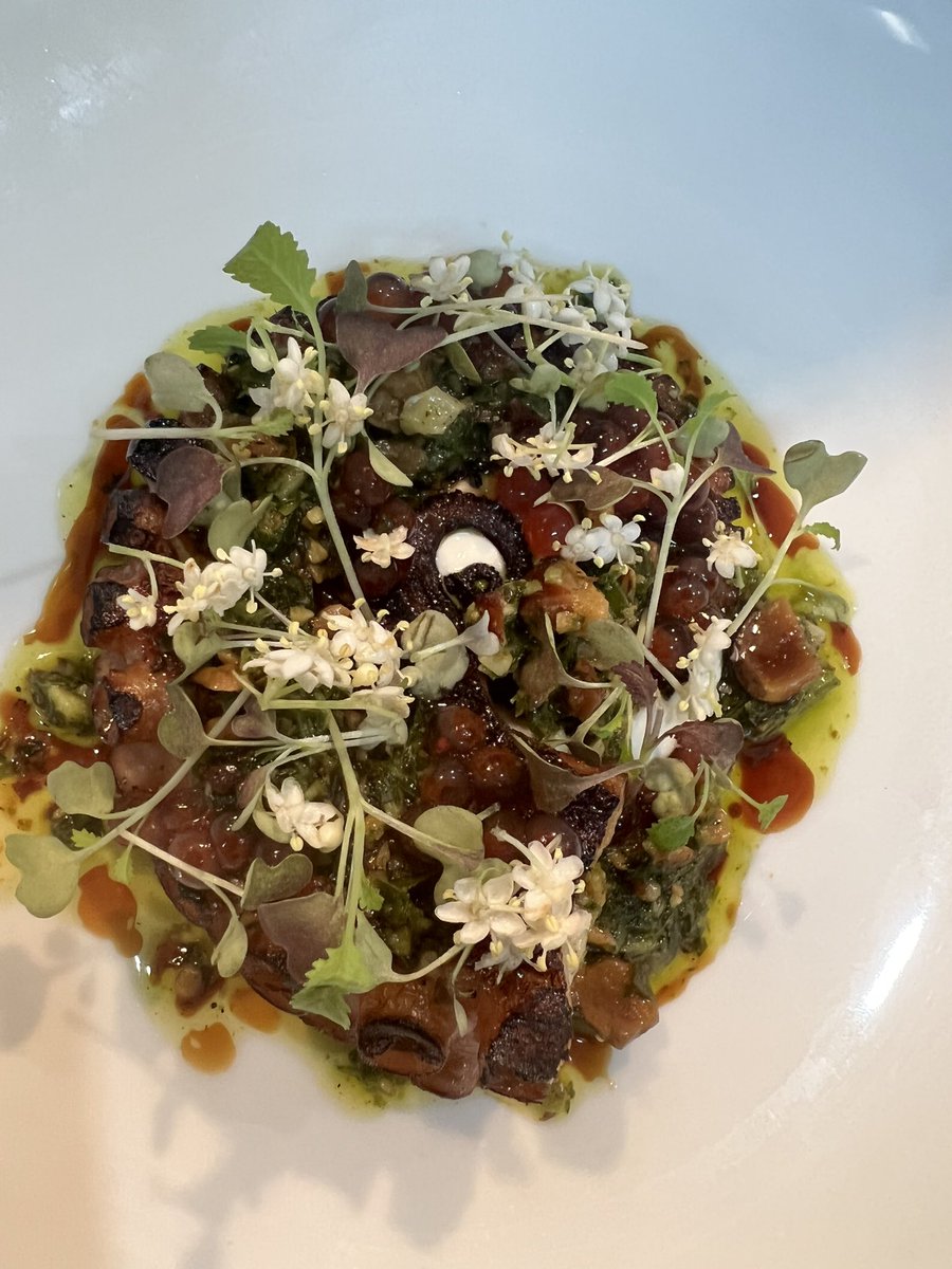Edible_Journal's tweet photo. Wood grilled Fremantle octopus, zoug, lemon oil, balsamic style PX vinegar, elderflower https://t.co/RrIKWblQVU