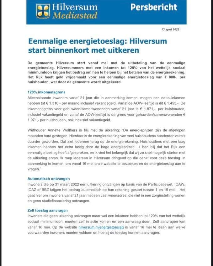 👉 De energietoeslag kan worden aangevraagd.

#gemeentehilversum #democratenhilversum