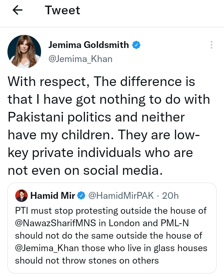 rameezpsh's tweet photo. An absolute answer from @Jemima_Khan to @HamidMirPAK feel some dignity towards others they are protesting against @NawazSharifMNS bcz he is in  there if someone is protesting against @ImranKhanPTI so they Must go to Bani Ghalla Not @Jemima_Khan 's House ... https://t.co/JbzobQlRDZ