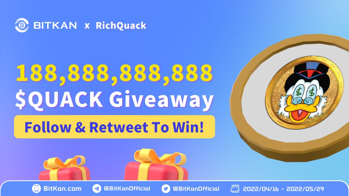 BitKanOfficial's tweet photo. 🎁 188,888,888,888 $QUACK #Giveaway

⏰ Event Ends: 23:59, 29 May
🏆 1 Lucky Winner For #RichQUACK Fans
💛 Follow @BitKanOfficial &amp; @RichQuack
🔁 Retweet, tag 2 friends &amp; comment your #BitKan ID

⬇️ #Memecoin lovers, Join #Crypto Event Now! 🎉
https://t.co/D7w2ORIGJp https://t.co/XrRsCwhQGb