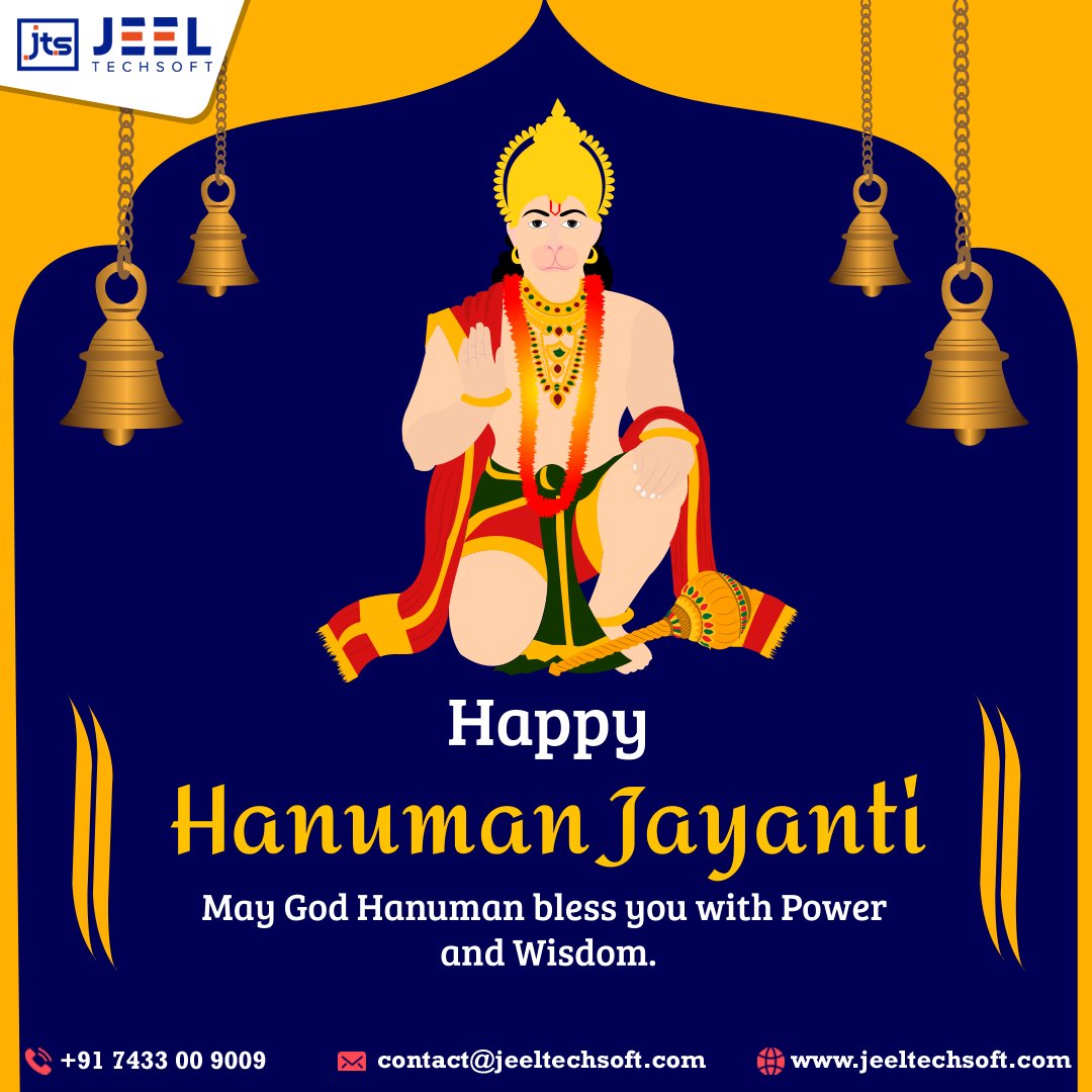 JeelTechsoft's tweet photo. Lord Hanuman symbolizes strength🌟, unparalleled devotion, and selfless service. He is the greatest devotee of Lord Ram🙏. Wishing you a very blessed Hanuman Jayanti from the Jeel Techsoft family.

#hanumanjayanti #hanumanjayanti2022 #jeeltechsoft #jts https://t.co/UnLGU4uVWp