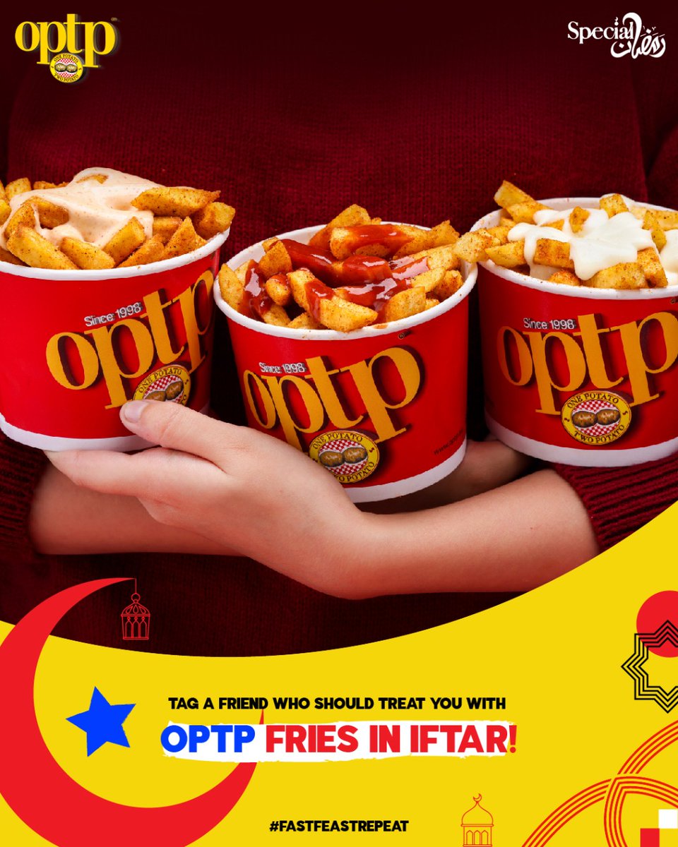 optp_fries's tweet photo. Ramadan is incomplete without your friends treating you, tag a friend and ask them to treat you to OPTP Fries for Iftar. 🍟✨
Order OPTP Fries now!
UAN: 111-11-OPTP (6787)
WEB: https://t.co/9WHHcEnaRl
Android: https://t.co/FAkaTaOAlo
iOS: https://t.co/4QbdGan9Wk
#OPTP #OPTPFries https://t.co/S2VvGo315j