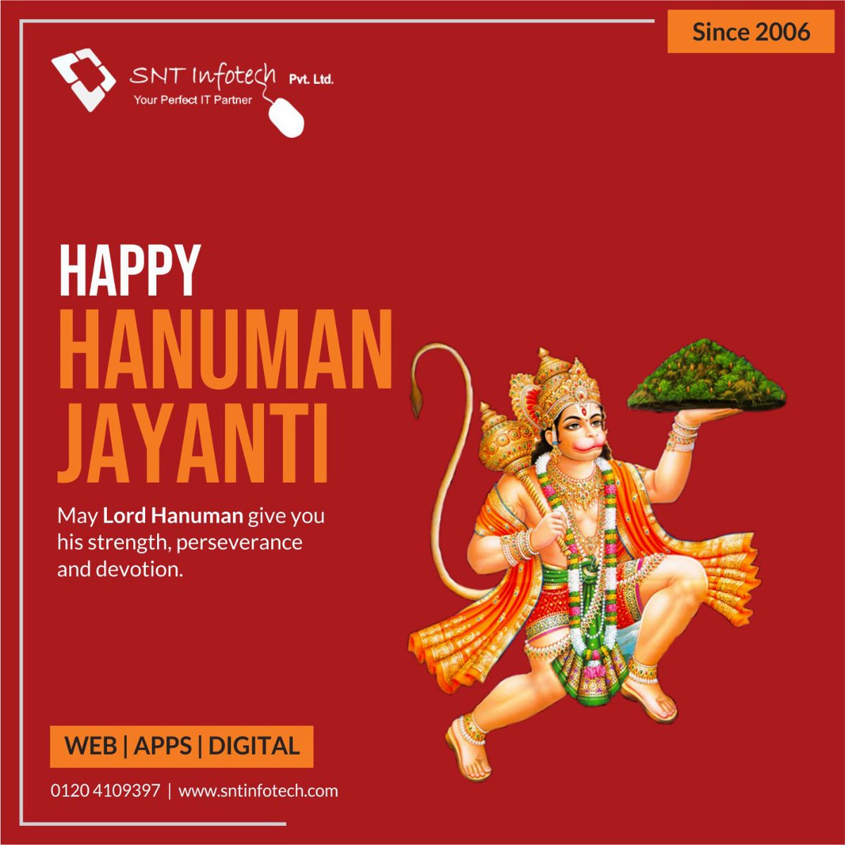 sntinfotech's tweet photo. We hope that Lord Hanuman's beautiful values of strength and sacrifice stay with you forever! Happy Hanuman Jayanti! 
#hanumanjayanthi
#hanumanjayanthispecial https://t.co/Wcs9RghyZ6