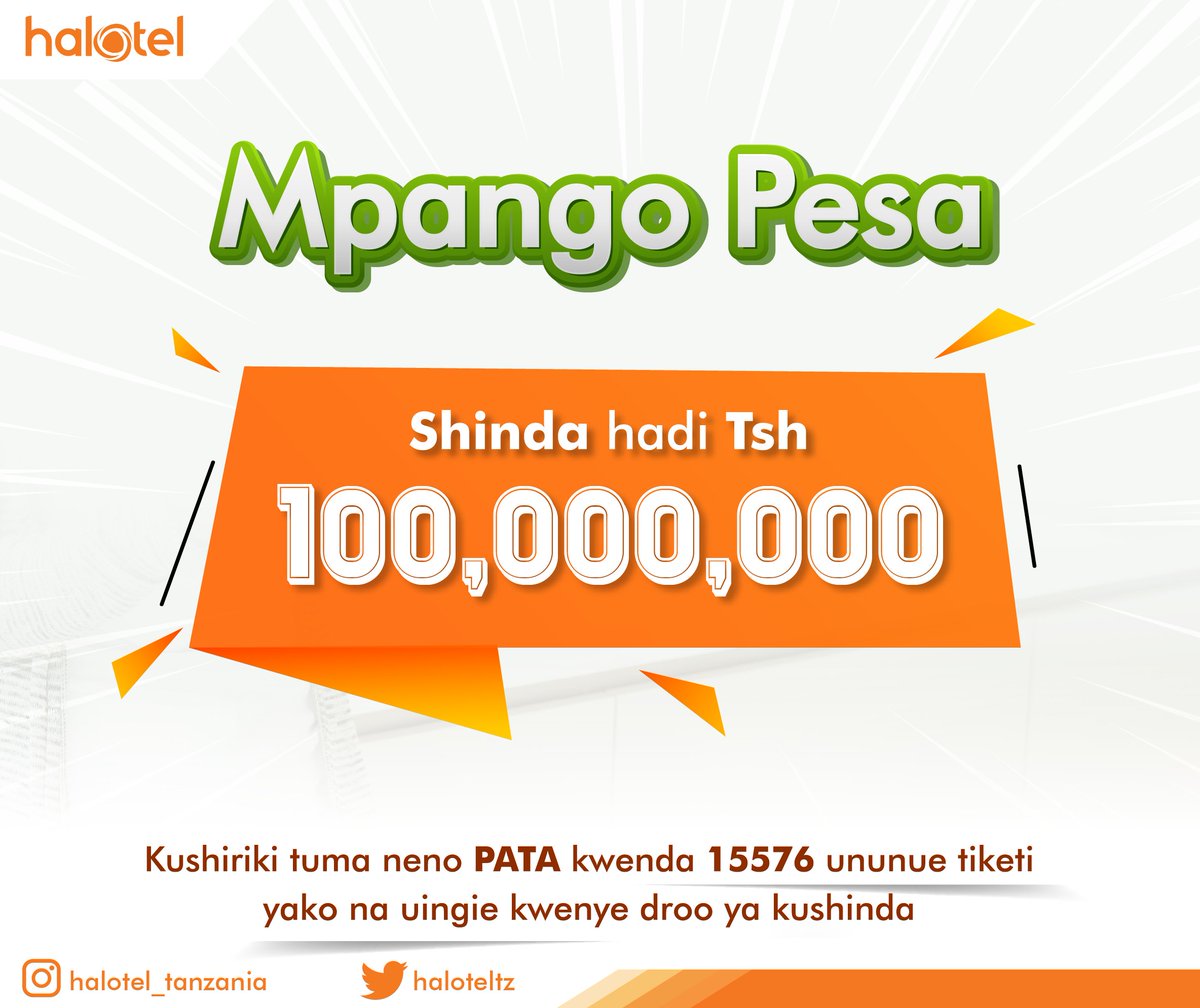 TzHalotel's tweet photo. @Haloteltz Cheza sasa ujiongezee nafasi ya kuondoka na mpunga. Tuma neno ‘PATA’ kwenda 15576 mara nyingi uwezavyo ujiongezee nafasi ya kushinda. #Halotel https://t.co/26mfqagejo