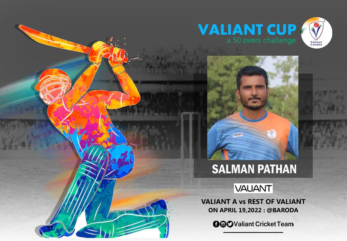 CricketValiant's tweet photo. Valiant Cricketer Salman Pathan will be part of Valiant Cup - a 50 overs challenge on April 19, 2022 at Baroda!! 

#ValiantForGoodCause #ValiantCricketTeam #RestOfValiant #ValiantA #ValiantCup #Baroda #Gujarat #Cricket #SalmanPathan https://t.co/69z1NroBGo