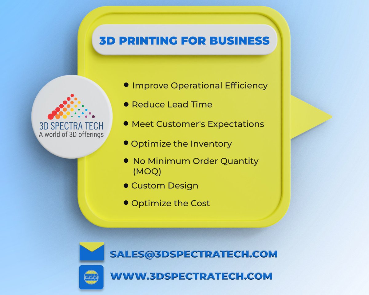 3dspectratech's tweet photo. Implement more flexibility, and optimize the costs by using a 3d printing solution. To know how? email at sales@3dspectratech.com

#3dprinting #businesssolution #manufacturing #businessprocess #3dprint https://t.co/aeMigTPHTb