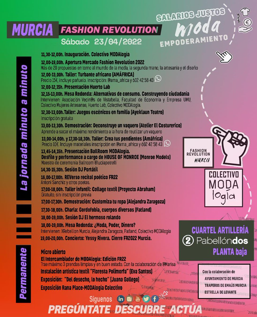 C_MODAlogia's tweet photo. 📣 Os presentamos el PROGRAMA del FASHION REVOLUTION MURCIA 2022: el SÁBADO 23 de abril os esperamos en la 9ª edición que conmemoramos ☺️. Info actualizada del evento aquí ➡️ https://t.co/8zanrRecv4 
#soloquedaunasemana #FashionRevolutionMurcia #FashionRevolutionEspaña https://t.co/HLxiifeZUC