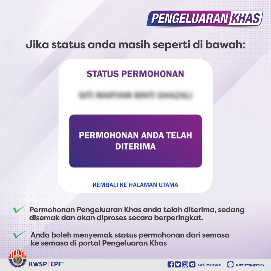 KWSPMalaysia's tweet photo. Bayaran Pengeluaran Khas akan dibuat secara berperingkat bermula 20 April ini.

Semakan status permohonan boleh dilakukan di https://t.co/CCoT2RjaoB

#KWSP #KWSPahli #KWSPinfo https://t.co/OaZKd1sX6z