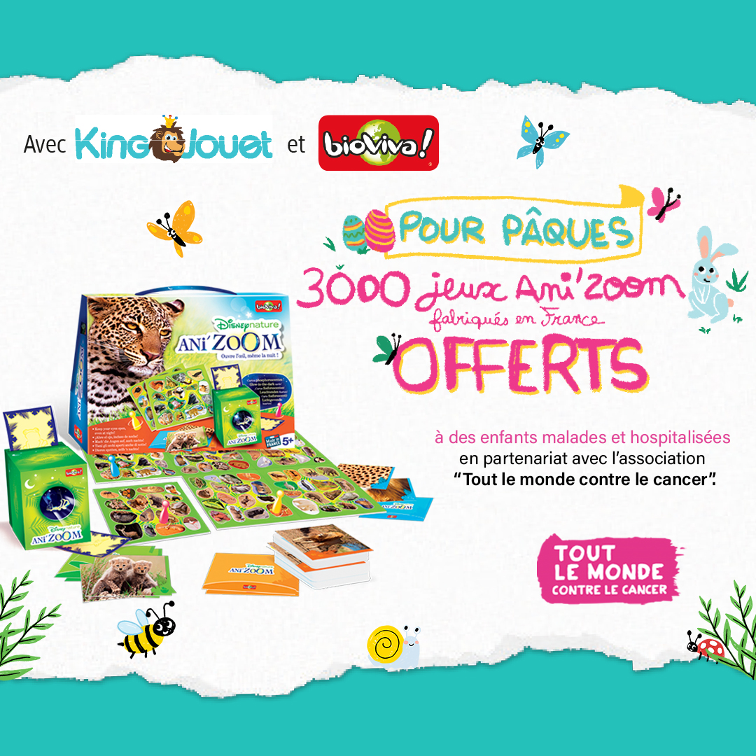 King Jouet 🦁 (@kingjouet_fr) on Twitter photo #KingJouet poursuit son engagement auprès de <a href="/TLMCofficiel/">Tout le monde contre le cancer</a> en partenariat avec Bioviva.
Pour #Pâques, 3000 jeux Ani’zoom seront offerts aux enfants hospitalisés.
Vous aussi, illuminez leur quotidien ! 😊
Faites un dessin et envoyez-le à : contact@assotlmc.net
#TLMC #Solidarité #KingJouet poursuit son engagement auprès de <a href="/TLMCofficiel/">Tout le monde contre le cancer</a> en partenariat avec Bioviva.
Pour #Pâques, 3000 jeux Ani’zoom seront offerts aux enfants hospitalisés.
Vous aussi, illuminez leur quotidien ! 😊
Faites un dessin et envoyez-le à : contact@assotlmc.net
#TLMC #Solidarité