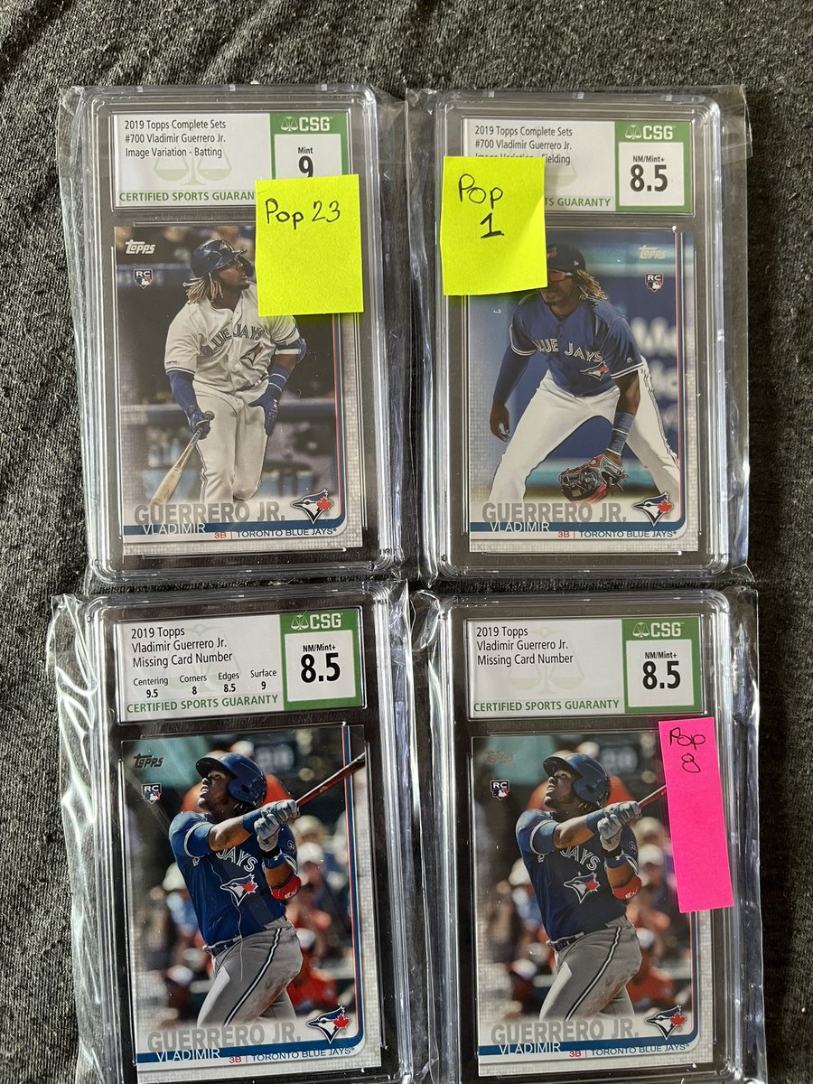 ValleyVlgCards's tweet photo. 4/15-17 #LotsOfDeals 

Lot 11: CSG Graded Vladimir Guerrero Jr Rookie Variarion Lot w/ NNOx2 and fielding and hitting versions of #700 from the complete set 

$90 for the lot, $25ea for complete set and $30ea for NNO https://t.co/XvH2UBP4oW