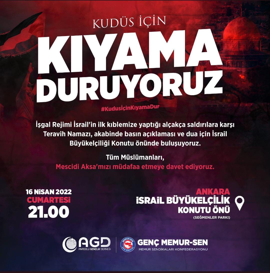 Zalimin zulmüne dur diyoruz
Kudüs için kıyama duruyoruz!
#GözümüzKulağımızAksada 
#KeepEyeOnAlAqsa 
#mescidiaksayasahipcık 
#kudüsislamındır 
#FreePalestine 
#freekudüs 
#IsraeliTerrorism 
#kahrolsunisrail