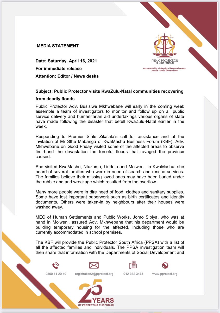 PublicProtector's tweet photo. The Public Protector will early in the coming week assemble a team of investigators to monitor and follow up on all public service delivery and humanitarian aid undertakings various organs of state have made following the disaster that befell KwaZulu-Natal earlier in the week. https://t.co/5tfalHozSF