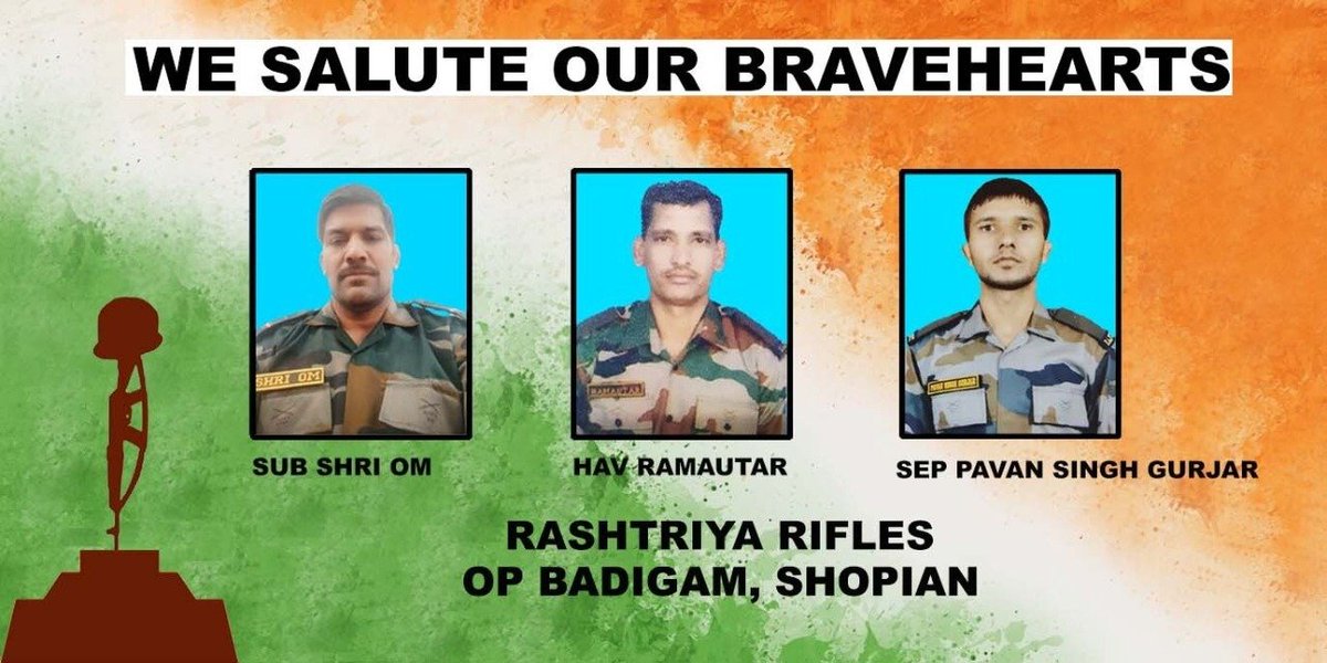 NewsNowJK's tweet photo. OP Badigam, #Shopian.
#ChinarCorps Cdr &amp; all ranks salute Sub Shri Om, Hav Ramautar, Sep Pawan Singh Gurjar who made the supreme sacrifice while performing a bonafide military duty at Kanipora.
#Kashmir @adgpi @NorthernComd_IA @ChinarcorpsIA https://t.co/GcSZm6NDSo