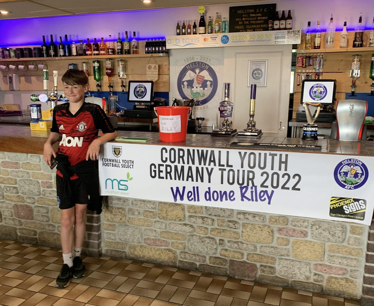 .Well done to Riley, completing a 20km walk this morning from Marazion back to <a href="/HelstonAFC/">Helston Athletic FC</a> to raise funds for his @CornwallYouthFS u13s tour to Germany later this year.

Great stuff Riley, feet up for the afternoon now!
