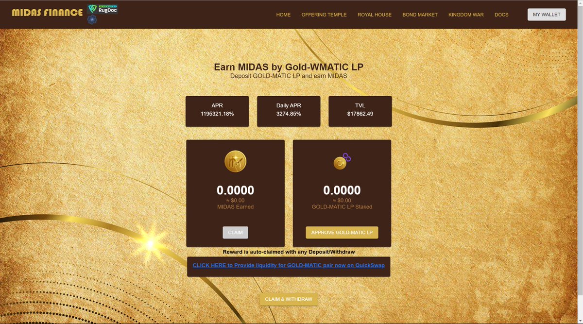 Midas__Finance's tweet photo. 3000% DAILY APR🎊 FARM!
Where to join? https://t.co/2fdBksUa2U

Let's harvest and hold GOLD then play on first ever Yield-on-Yield NFT game!!!🔥🔥
Stay tuned!!!💫💫

#midasfinance #polygon #farm #nftgame #p2e #tombfork #yield_on_yield https://t.co/LMtfO78dM7