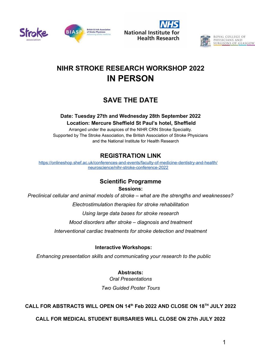 NIHR Stroke Research Workshop 2022 Call for Abstracts!🔬🦠🧬🧫
NIHR is also offering bursaries for medical students to attend the National Institute for Health Research Stroke Workshop in Sheffield on the 27th and 28th of September..✈️🚈🚖
See x.com/NihrStroke for updates!