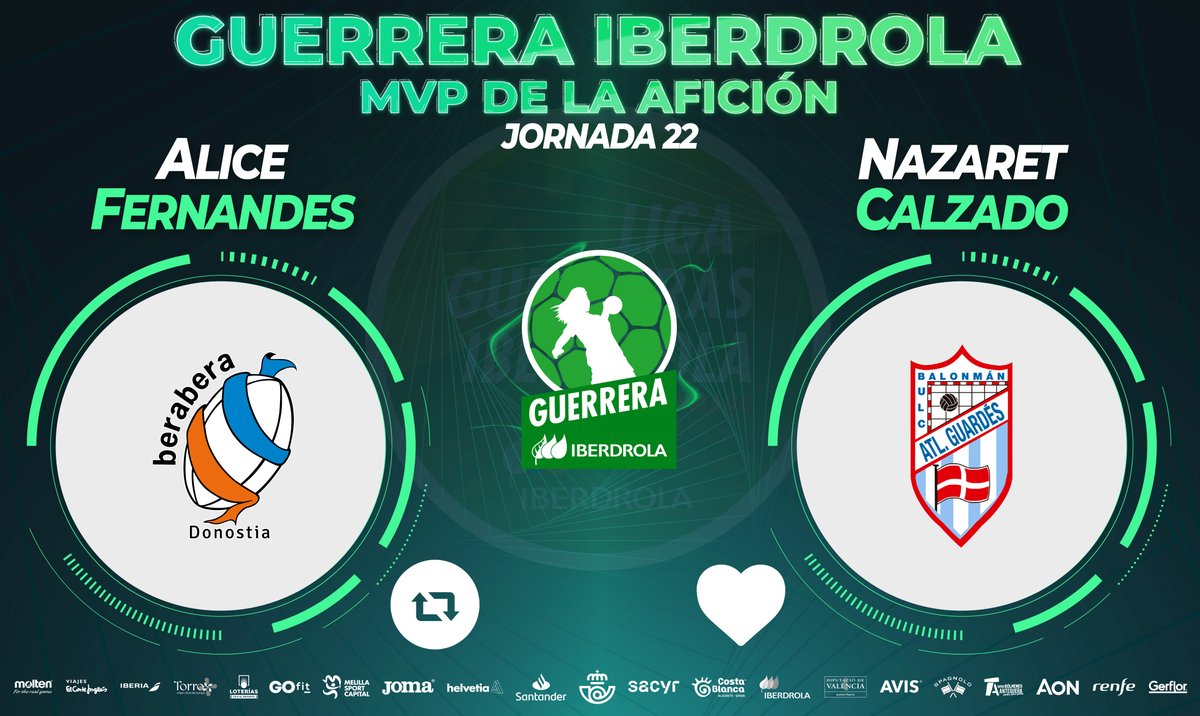 IberdrolaDHF's tweet photo. ⭐️#GuerreraIberdrola - Jornada 22
  
🆚 @BalonmaBeraBera : @Atlguardes_ofic
 
♻️ RT: @Aalicediva 
❤️ Me gusta: @NazaretCDT https://t.co/lmDia6LSbH