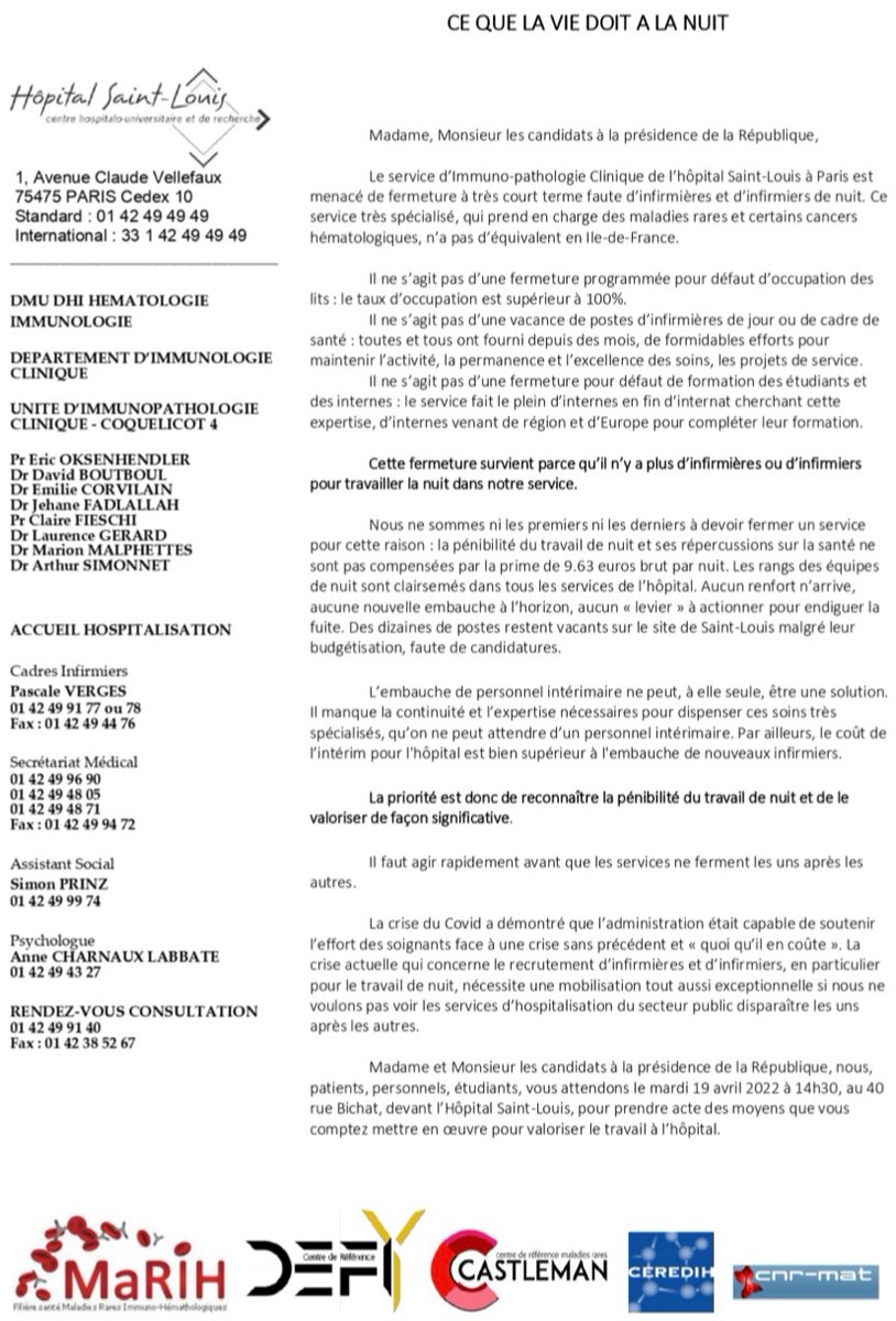 Paul Coppo (@coppo_paul) on Twitter photo Soutenons le service d’immuno-hématologie de l’hôpital saint-Louis en difficulté faute de personnel soignant de nuit#ce que la vie doit à la nuit#immunohematologie saint-louis
<a href="/sylvain/">Sylvain Carle</a> Choquet
<a href="/ElieAzoulay5/">Elie Azoulay</a>
<a href="/Filiere_MaRIH/">MaRIH</a>
<a href="/Asso_Adamts13/">Association Adamts13</a>
<a href="/olivierveran/">Olivier Véran</a>
<a href="/PrJeromeSalomo1/">PrJeromeSalomon</a> Soutenons le service d’immuno-hématologie de l’hôpital saint-Louis en difficulté faute de personnel soignant de nuit#ce que la vie doit à la nuit#immunohematologie saint-louis
<a href="/sylvain/">Sylvain Carle</a> Choquet
<a href="/ElieAzoulay5/">Elie Azoulay</a>
<a href="/Filiere_MaRIH/">MaRIH</a>
<a href="/Asso_Adamts13/">Association Adamts13</a>
<a href="/olivierveran/">Olivier Véran</a>
<a href="/PrJeromeSalomo1/">PrJeromeSalomon</a>