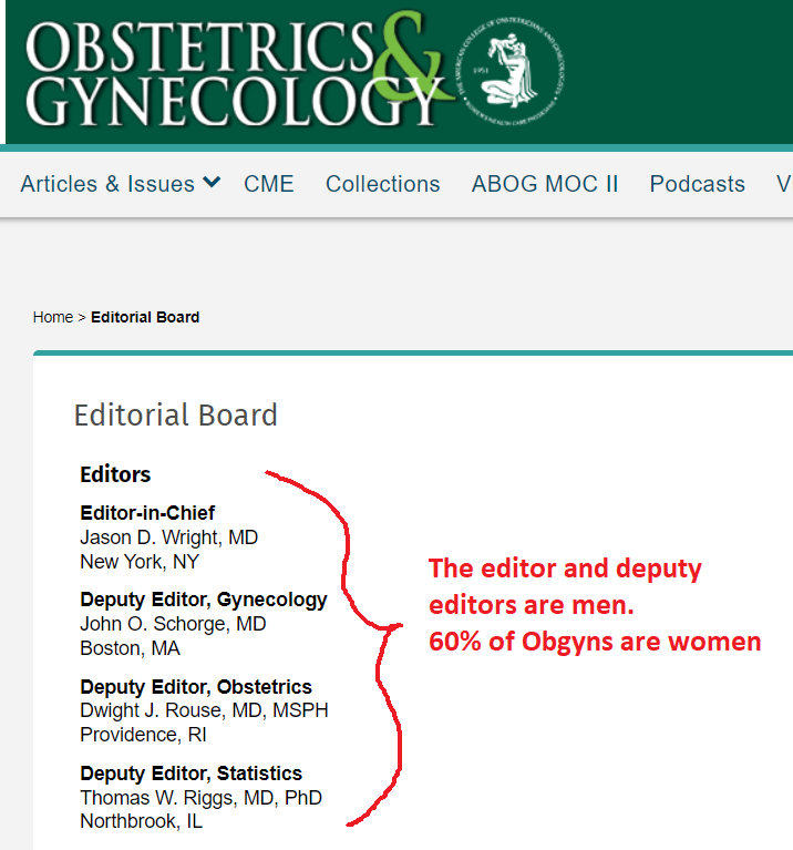 Over a generation of women have been trained in obgyn yet women are still not at the table as decisionmakers for the intellectual discourse (academic publishing) in this field. #MedTwitter #WomenInMedicine #InclusionIsNotEquity