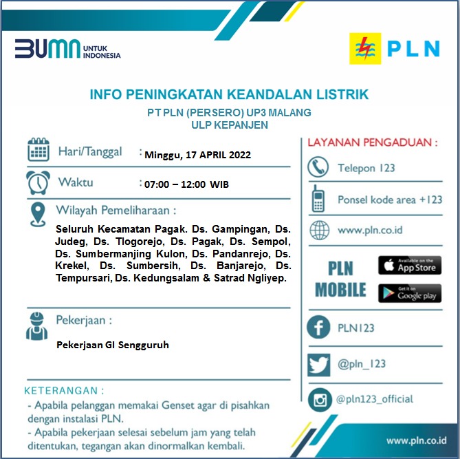 Info peningkatan keandalan listrik Minggu 17 April 2022 ulp kepanjen dan sumberpucung <a href="/infomalang/">Info Malang</a> <a href="/RRIMalang/">RRI Malang I Kanal Informasi dan Inspirasi</a> <a href="/Senaputra_FM/">Senaputraᅠᅠᅠᅠᅠᅠᅠᅠᅠ</a> <a href="/cityguide911fm/">City Guide 911 FM</a> <a href="/kabmalanginfo/">KAB MALANG INFO</a> <a href="/kepanjen_kita/">#WalikotaKepanjen</a>