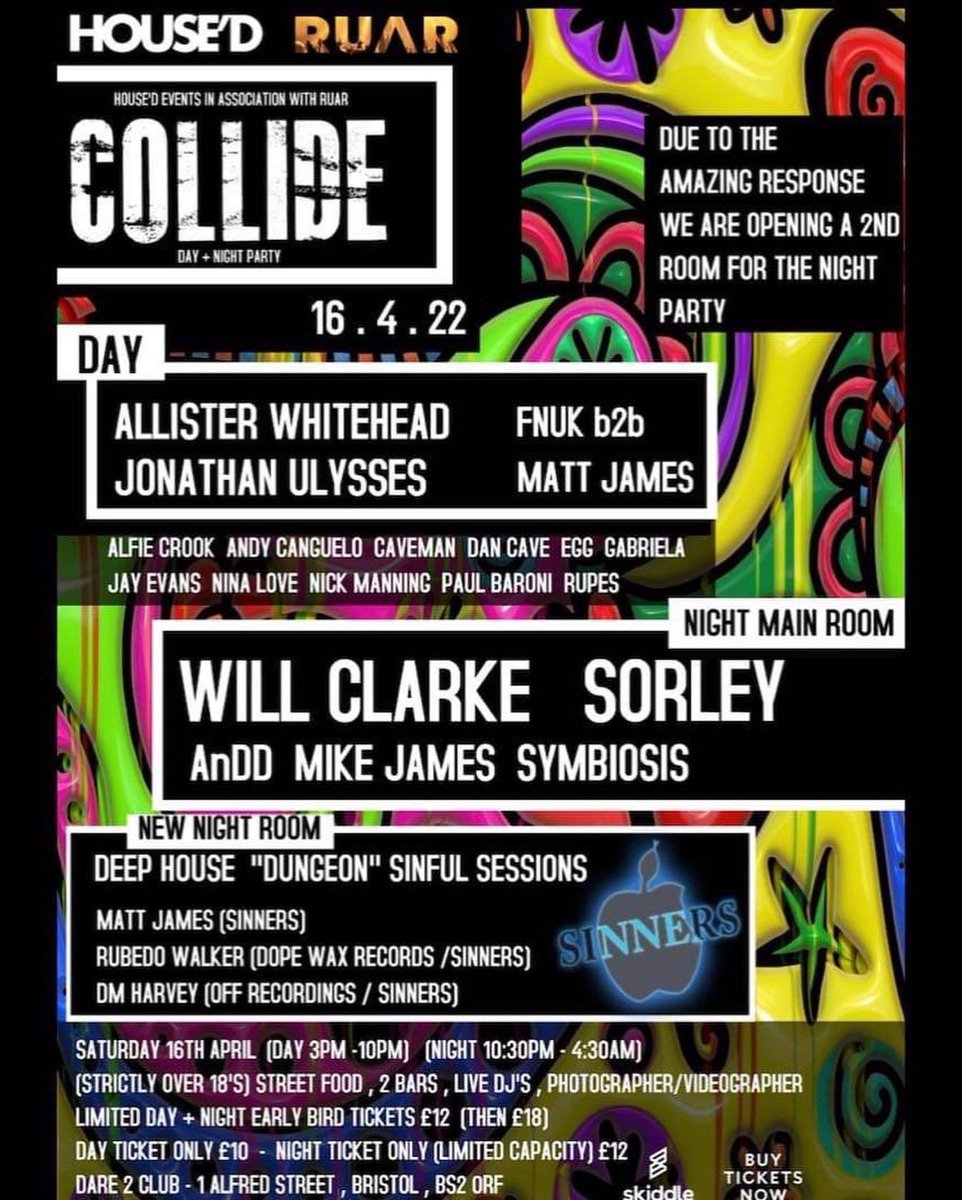 Todays this big one! Catch us on this insane line up to day in Bristol at Collide! @RUAROfficial thanks for having us again! See you on the dance floor! 🕺🏻💃