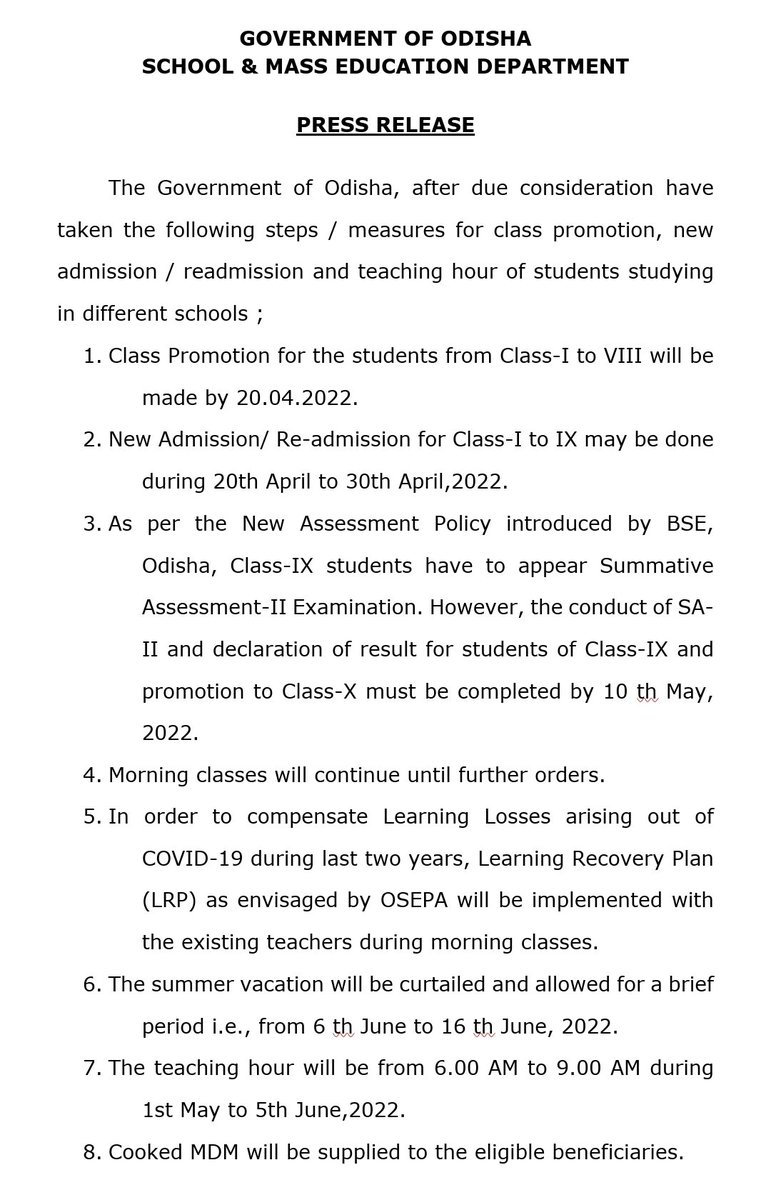 IPR_Odisha's tweet photo. The Govt of Odisha have taken the following steps/ measures for class promotions, admission and teaching hours in different schools: https://t.co/VBXuPgmjsa