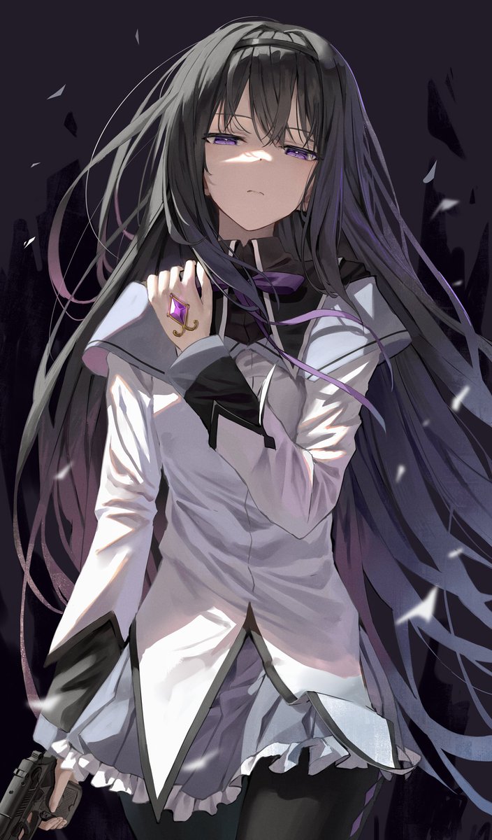 akemi homura 1girl long hair solo black hair weapon pantyhose purple eyes  illustration images