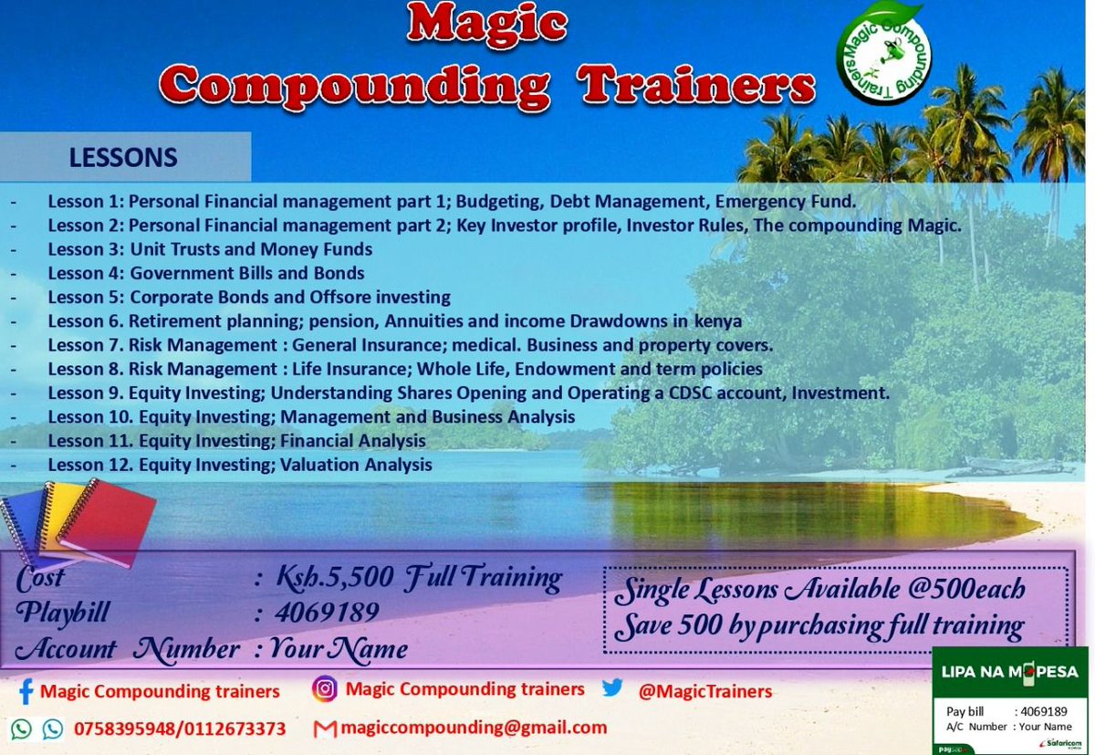 NSE_Investors's tweet photo. 5,500 for the full training, single lessons available @ 500 each. Save 500 buy purchasing the full training. Study at your own convenient time. Cost payable via paybill 4069189.
@NSE_Investors @Daisysteph7 @kasiva_mutisya @mytradesignals @kennekai @oloojl @ChiboliS. https://t.co/t59VmIoGdk