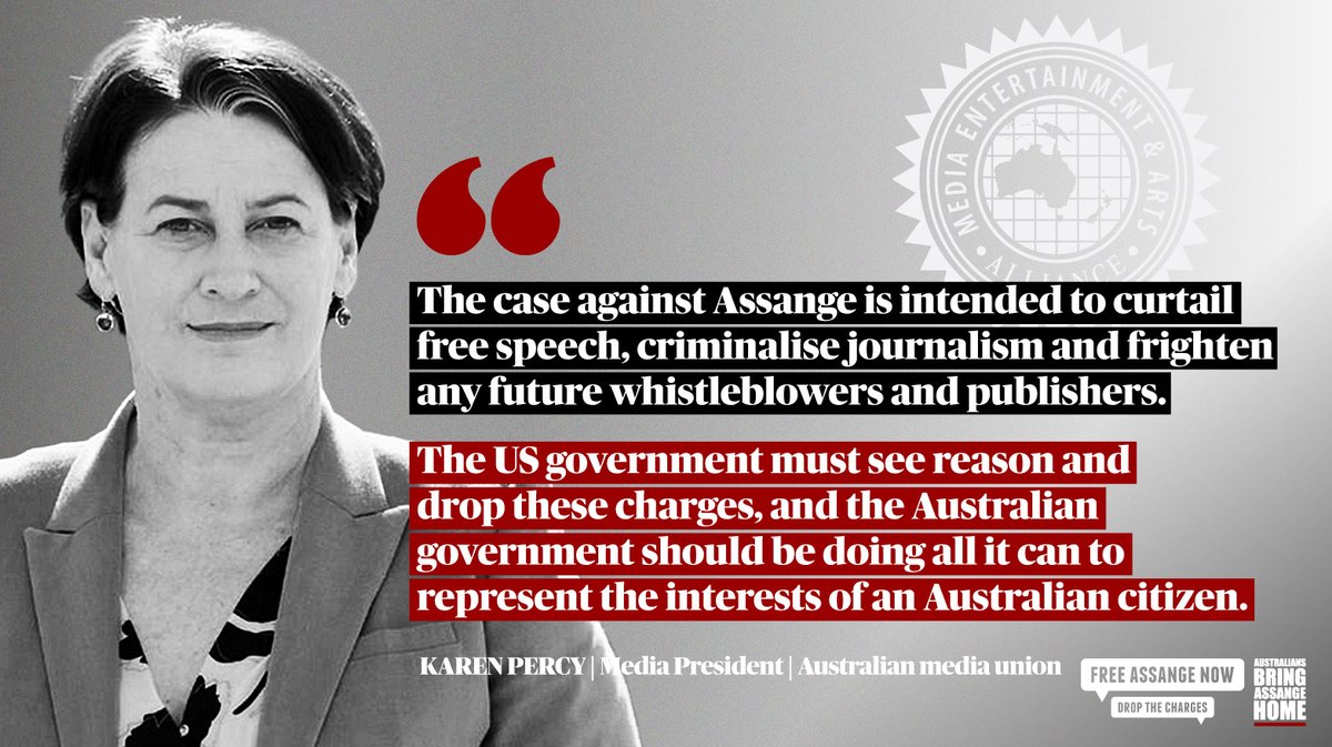 wikileaks's tweet photo. Australian Journalists Union: "The charges against Assange are an affront to journalists everywhere and a threat to press freedom" #withMEAA #Auspol https://t.co/EHtnzgjGfe
