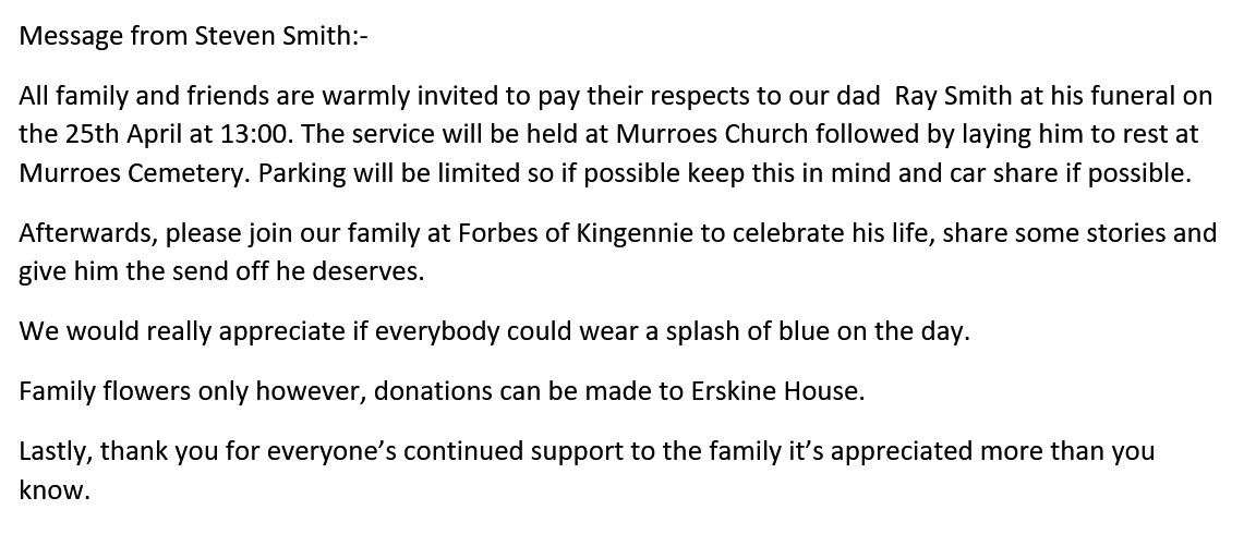 MonifiethLoyal's tweet photo. It is with deep regret the club announces the untimely passing of one of our founder members, Raymond Smith.  ‘Smithy’ remained staunch in his support of Rangers and ensured both his sons travelled on the bus. Our deepest sympathies are extended to his family. Psalm 95:7 ❤️🤍💙 https://t.co/yhBqExthHu